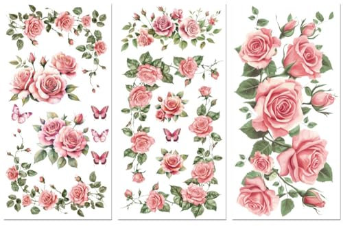 Peacoblue Rub on Transfer Sticker for Furniture Crafts Decor 15x30cm Pink Rose Vine, 3Pcs Waterproof UV DTF Transfer Sticker for Lingerie Chests Drawer Dresser Glass Porcelain Wood Plastic