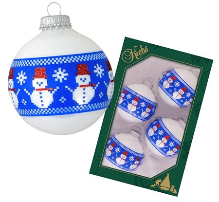 Krebs Glas Lauscha - Weihnachtsdekoration/Christbaumschmuck aus Glas - Weihnachtskugeln - Motiv: Porzellanweiß Schneemann Band - 4 Stück - Größe: ca. 7 cm