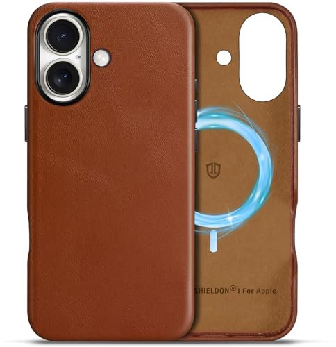 SHIELDON Case for iPhone 16 6.1, Genuine Leather Magnetic Wireless Charging Case [Non-Slip][Metal Buttons] Shockproof Full Protection Slim Fit Cover Compatible with iPhone 16 - Retro Brown