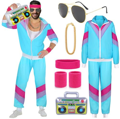 90er & 80er Jahre Outfit für Herren & Damen - Trainingsanzug Jacke Hose Anzug - Vintage Bad Taste Kostüm für Mottoparty Karneval mit Accessoire