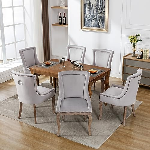 Merax Esszimmerstühle 6er-Set, Küchenstuhl, Polsterstuhl mit Nagelkopfbesatz, Dining Chair,bequemer Stuhl aus Samt, Gestell aus Massivholz, für Esszimmer Wohnzimmer, mit Samtbezug, Grau