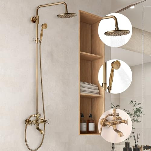 CALISTOUK Columna de Ducha con Ducha de Mano y Grifo, Estilo Retro Europeo Tina Latón Antiguo Kit con 3 Salidas Multifuncional Altura Ajustable 70-110cm (Oro)
