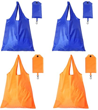 HUANR Faltbare Einkaufstasche, 4 Stück Polyester Einkaufsbeutel, Tragbare Einkaufstasche, Faltbare Tasche mit Griff, mit Aufbewahrungstasche, für Einkaufen, Camping, Strandpartys(Orange + Königsblau)