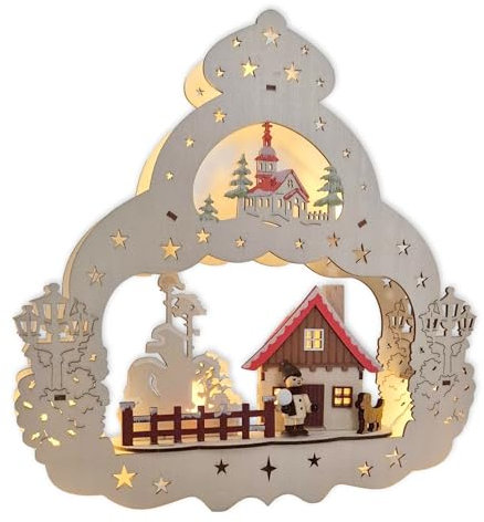 Wichtelstube-Kollektion LED Fensterbilder Weihnachten Holz Winterdorf inkl. Timer, Schwibbogen Weihnachten Fensterdeko beleuchtet batteriebetrieben, Weihnachtsdeko innen, 30cmx30cm