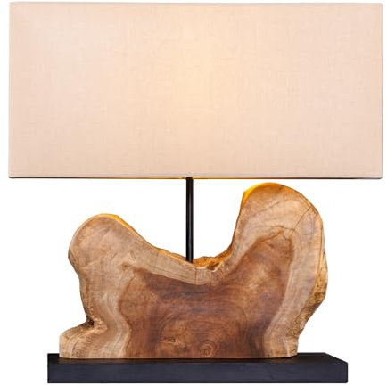 Riess Ambiente Handgefertigte Tischlampe Hypnotic - 50cm - Natur Teakholz - beige mit Leinenschirm - Nachttischlampe