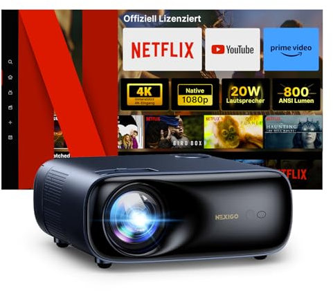 NexiGo PJ40 Ultra Outdoor Netflix Projector, Officially Licensed Netflix/YouTube/Prime Video, 800 ANSI Lumen, AI Image Enhancement, Native 1080p, 20W Speaker, 4K Support Video Projector, Auto Keystone