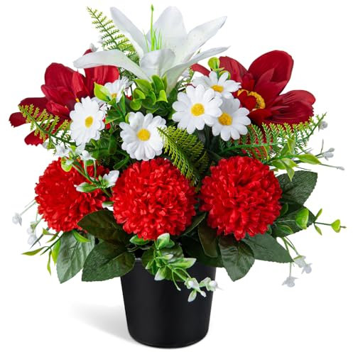 SIFOEL Artificial Cemetery Flowers in Pots, Artificial Chrysanthmums Lily Daisy with Pot, Memorial Grave Flowers for Cemetery Funeral Outdoor Graveside Decoration (1piece, White & Red)