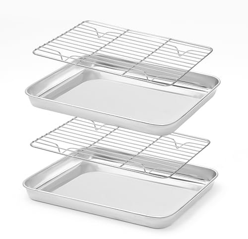EazyBreezy Baking Sheet with Rack Set (2 Sheets + 2 Racks) Stainless Steel Baking Tray with Cooling Rack Easy Clean Oven Sheet Non-Stick Cookie Pan Dishwasher Safe - 20.5 x 26.5 x 2.5 cm