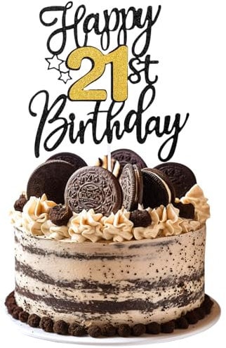 Nogeqi Glitter 21st Birthday Cake Decorations, Happy 21st Birthday Cake Topper for Birth Day Anniversary Party Supplies (Black, Gold)