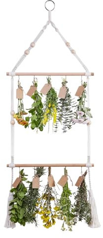 JZLEJC Rack de séchage en Bois et en Coton à 2 Niveaux, Porte-séchage Fleurie bohème réglable avec Crochets détachables, décoration Murale pour sèche-Linge