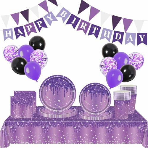 83pcs Purple Diamond Theme Disposable Party Tableware Set | Glitter Purple Paper Plates, Cups, Napkins, Tablecloth, Banner & Balloons | Elegant Dinnerware for Women & Girls Birthdays, Weddings