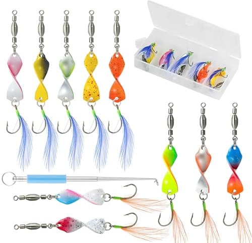 Twist Forellen Spoon Set，Suuwwn 10 Stück Forellenköder mit Rolling Swivels， UV-Aktiv 3g，Forellenköder mit Feder Pailletten Einzelhaken Blinker in Box mit Fishing Hakenlöser