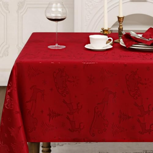 Romanstile Weihnachten Tischdecke rot abwaschbar 140x240 Jacquard Damask Rentier & Weihnachtsbaum,rechteckig festlich Tischtuch Table Cloth Tischdecken für Ferien,Weihnachtsdeko,Christmas,Abendessen