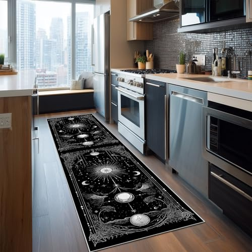 Dppyuxa Teppich Läufer Flur Mystisch Sternenhimmel Lang Waschbar | und rutschfest Gothic Wahrsagen Küchenläufer Fantasy Mond Flurteppich für Küche & Eingangsbereich 60x150 cm