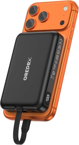 GREPRO Power Bank 10000mAh für Magsafe mit 22,5 W USB-C-Kabel Smart-Display | C Eingang und Ausgang,Schnellladung,Tragbar, Flugtauglich, Reise-Essential,für iPhone 17/16/15/14/13/12 Serie, AirPods