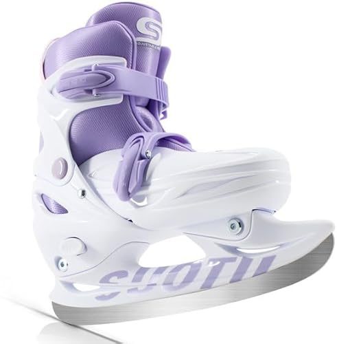 SUOTU 32-36 EU Verstellbare Schlittschuhe für Kinder, Eislaufschuhe für Jungen Mädchen, Doppelter Schutz, Eislauf-Schlittschuhe mit Knöchelstütze für Draußen und Auf der Eisbahn (Weiß-Lila)