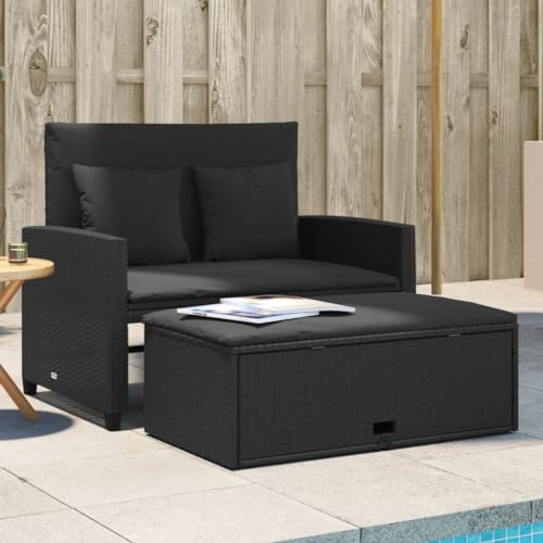Mandloder Gartensofa mit Kissen 2-Sitzer Schwarz Poly Rattan, Ausziehbar zum Bett, UV-beständig, Inklusive Hocker & Stauraum, für Outdoor & Patio