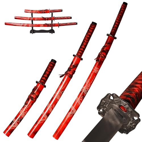 3Pcs Samurai Schwert Set(Rot) mit Display Stand,Dragon Tsuba Kohlenstoffstahl scharfes Schwert,Zur Dekoration, zum Sammeln, Ausstellen und Verschenken.