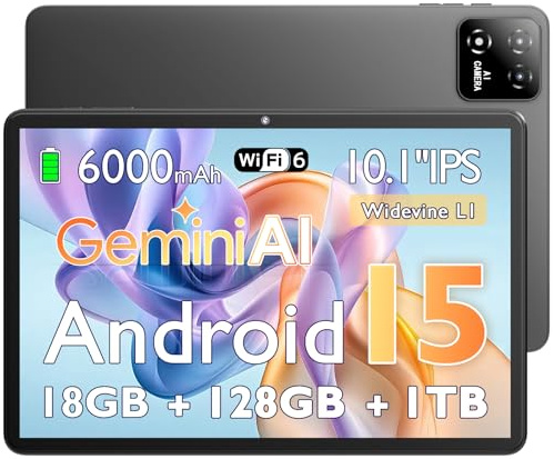 UBDXBD Tablet 10 Pulgadas Android 15 con Funda, 18GB RAM (6+12) 128GB, Octa-Core T30, 1TB Ampliable, WiFi 6, batería 6000mAh, Pantalla IPS HD, Widevine L1, GPS, Gris