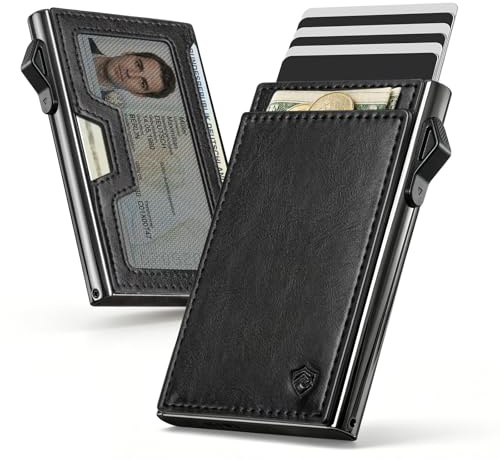 YESIIW Portafoglio Uomo Slim Bauhaus – Porta Carte di Credito in Alluminio Gunmetal con Pelle Vintage, Pop up Portacarte Uomo per 6-7 Cartes,Finestra ID & Tasca magnetica, Blocco RFID (Nero)