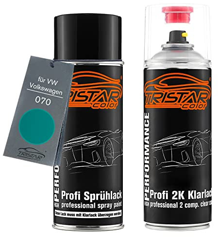 TRISTARcolor Autolack 2K Spraydosen Set für VW/Volkswagen 070 Montanagrün Metallic/Montana Green Metallic Basislack 2 Komponenten Klarlack Sprühdose