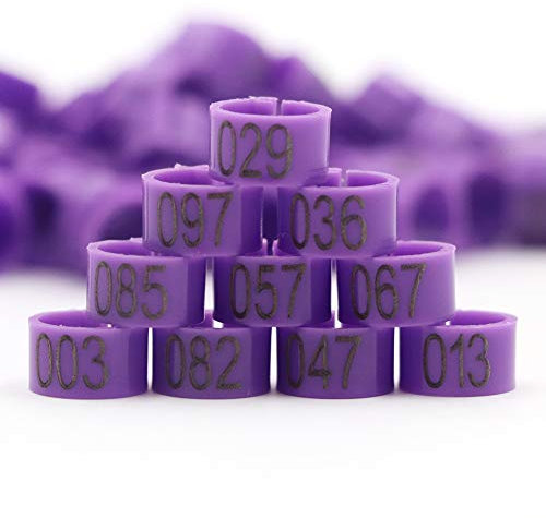 MasXirch 100Pcs 8mm Vogel Bein Bands Ringe 001-100 Nummerierte Taube Fuß Ringe Vögel Tags Bein Bands Clip für Wachtel, Taube, Unzertrennliche, Fink und kleines Geflügel (Lila)