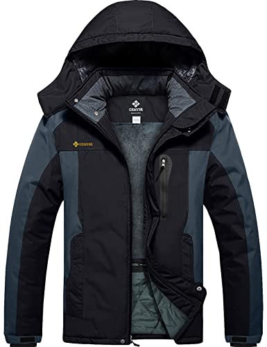 GEMYSE Uomo Giacca da Sci impermeabile montagna Giacche Pile invernale antivento Cappotto con Cappuccio (Grigio Nero,L)