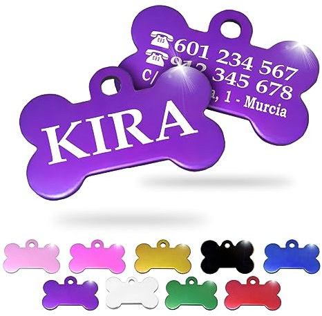 Ibera Gifts - Chapa Perro Grabada en Forma de Hueso, Placa Perro Personalizada para Perros y Gatos Pequeños y Medianos, Tamaño 30 x 20 mm, Chapa Identificativa Perro y Gato (Lila)