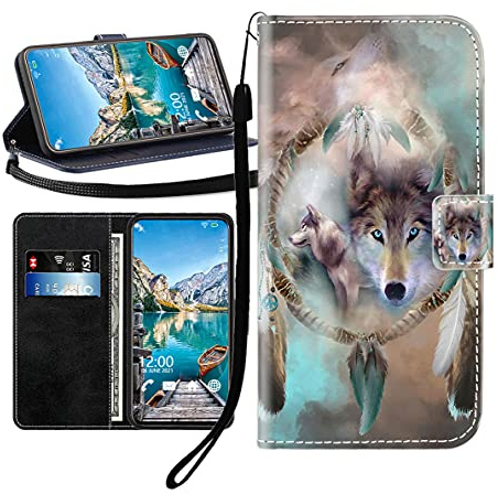 Sunrive Kompatibel mit ZTE Blade 10 Smart 2020 Hülle,Magnetisch Schaltfläche Ledertasche Schutzhülle Etui Leder Case Handyhülle Tasche Schalen Lederhülle MEHRWEG(Wolf Traumfänger B1)