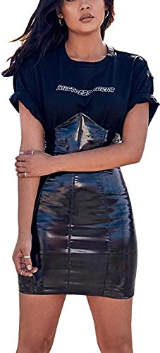 Damen Latexrock Röcke Lack Optik Minirock Vinyl Bodycon Clubwear Knielänge Party Lack Rock (M,schwarz)