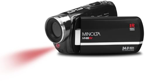 Minolta Camcorder - 1080p Full HD Video, 24MP Photos, Night Vision with IR Sensor, 16X Zoom, Anti-Shake Stabilization, 3” Touchscreen LCD, HDMI/USB, 32GB Card Included (Black)