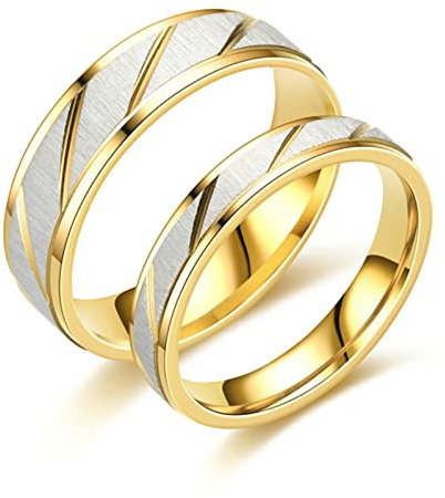 Beydodo Verlobungsringe Paar Ringe Set, Edelstahl Ringe Personalisiert 4MM 6MM mit Gestreift Ring Damen Gr.62 (19.7) + Herren Gr.70 (22.3), Partnerringe für Sie und Ihn