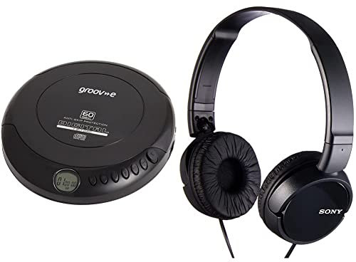 Groov-e GVPS110BK Retro Personal CD Player with 20 Track Programmable Memory, LCD Display, Anti-Skip Protection and Earphones Included - Black & Sony MDR-ZX110 Overhead Headphones - Black