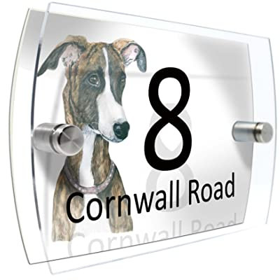 House Number Plaque Sign Door Road Plate for Dog Lovers Personalised Watercolour Print (D425 Hound)