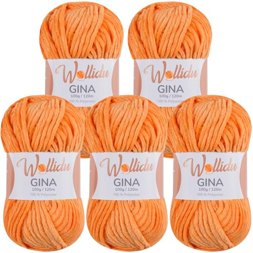 Wollidu Gina Chenille Garn zum Stricken und Häkeln 5 x 100g/120m Set 100% Polyester - Orange