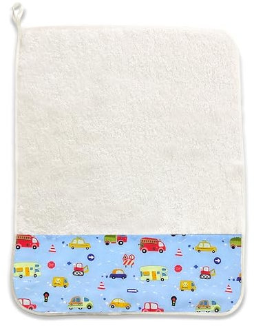 Panini Tessuti, Babero de rizo de algodón puro con elástico para la comida y la merienda en el jardín de infantes, tamaño 28 x 33 cm, diseño de coches