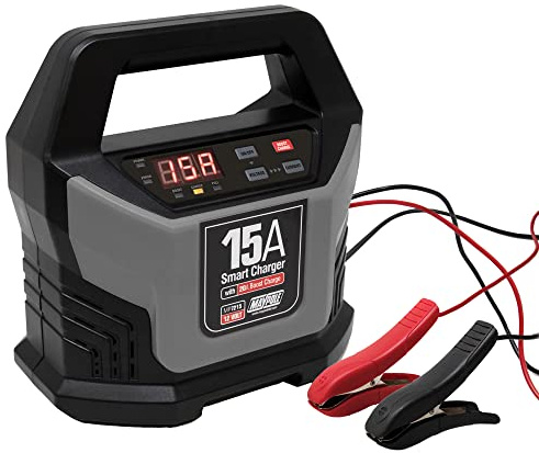 Maypole 15A 12V Electronic Smart Car Battery Charger Fully Automatic 400Ah 8 Stage Charging Lead Acid AGM GEL Car Van Caravan Motorhome Tractor