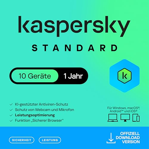 Kaspersky Standard Anti-Virus 2026 | 10 Geräte| 1 Jahr | Umfassender Schutz | Online-Banking Schutz | Leistungsoptimierung | PC/Mac/Mobile | Aktivierungscode per Email