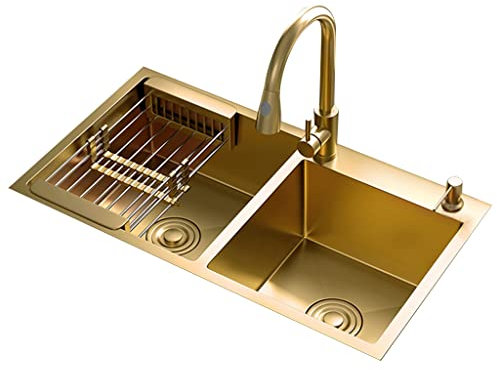 Bricolaje Fregadero Dorado De Acero Inoxidable De Doble Cubeta Fregadero para Verduras Fregadero Doble con Grifo Monomando Fregadero Doméstico Grande Fregadero para Lavavajillas Herramientas (Color :