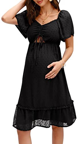 KOJOOIN Robe de Maternité à Manches Courtes pour Femme Robe d'allaitement Col en V Robes de Maternité avec Pois et Volants Noir S