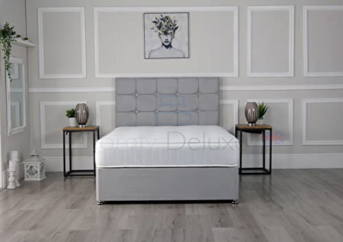 Comfy Deluxe LTD Plush Velvet Divan Bed Base with Memory Sprung Mattress and Matching Fabric Cube Headboard (Silver, 4FT - 0 Drawers)