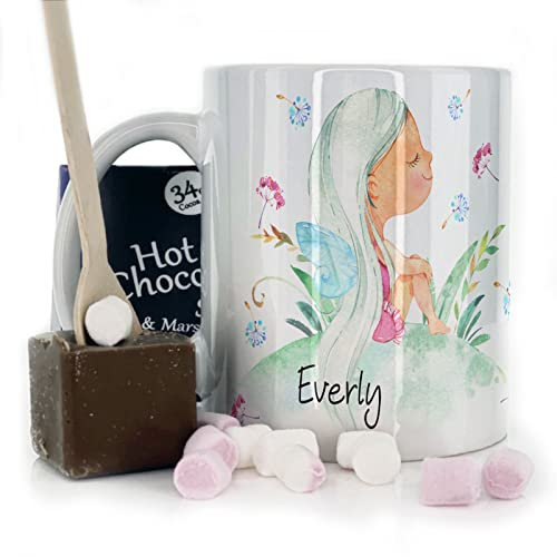 Personalised Custom Name Mug with Pink Flower Fairy Design, Belgian Milk Chocolate & Marshmallow Hot Chocolate Stirrer Gift Set (11oz), White, Yellow, Blue, Black, Pink