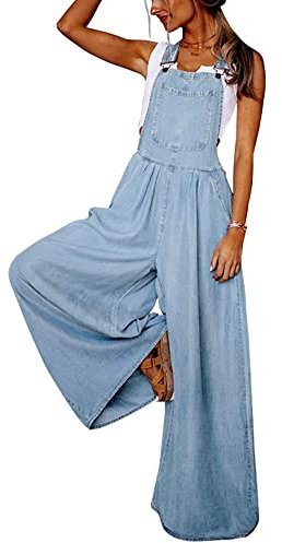 utcoco Damen Casual Loose Denim Overalls Verstellbarer Riemen Breites Bein Bib Jeans Overalls Jumpsuit mit Taschen, Hell, blau, Small