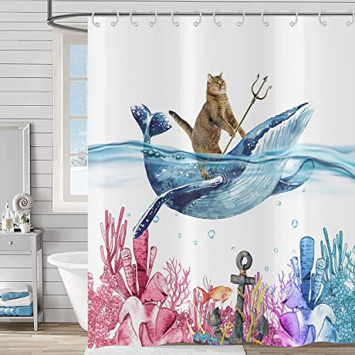 Hnmdmyi Rideau de Douche Chat Drôle 180x200, Mignon Chaton Chevauchant Une Baleine - Océan Corail Algues Poissons Tropicaux - Imperméable Polyester Tissu Lavable pour Enfants