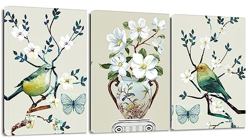 Artscope 3 Teilig Abstract Leinwandbilder mit Blumen und Vögel Motiv Kunstdruck - Moderne Wandbild für Badezimmer Wohnzimmer Wanddekoration - 30 x 40 cm