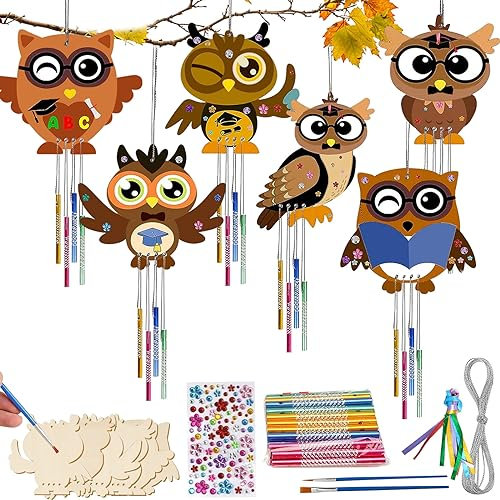 6tlg Windspiel Bastelset Kinder, Eulen Klangspiele, Herbst Basteln Holz Anhänger, Kinder Eulen Basteln, Bastelhandwerk Kreativset, Holzscheiben zum Bemalen Unvollendete Holz Bastelset, Eulen Deko