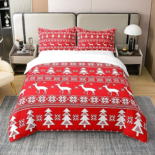 Hirsch 100% Baumwolle Bettbezug für Kinder Jungen Mädchen,Weihnachten Bettwäsche Set 220x240,Roter Elch Schneeflocke Tröster Bezug,Böhmen Wald Tier Silhouette Bett Sets mit 2 Kissenbezüge