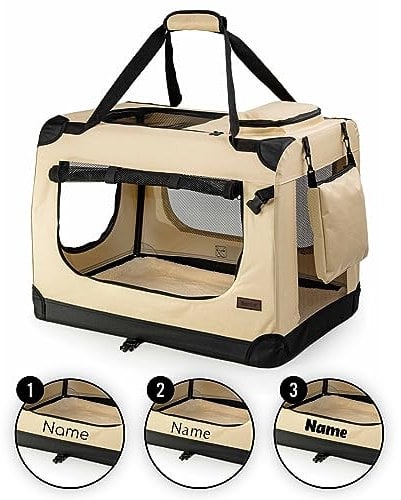 lionto Hundetransportbox faltbar für Reise & Auto, 50x34x36 cm, stabile Transportbox mit Tragegriffen & Decke für Katzen & Hunde bis 10 kg, Hundebox aus Stoff für klein & groß, beige (Namensaufdruck)