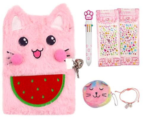Plush Diary with Lock and Keys Cute Notepad Cartoon Notebook Fun Journals for Study Notes Writing Drawing Scratch Pads Kawaii School Supplies 160 Pages (6 Pack Pink Cat)