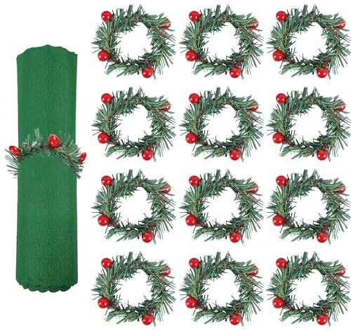 OTKARXUS Serviettenringe für Kranz, 12 Stück, rote Beeren-Kiefernnadeln, Weihnachts-Serviettenringhalter, Serviettenschnallen für Weihnachten, Jahrestag, Abendessen, Hochzeit, Party, Tischdekoration